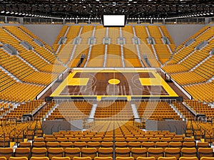3d render of beautiful sports arena for basketball with yellow seats and VIP boxes photo