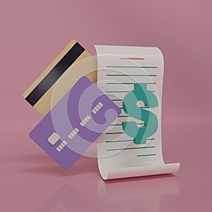 3D render bill payment with credit cards icon isolate on blue background. Cartoon bill online payment. Receipt icon for business