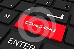 3D render. Black keyboard with coaching key , Business and technology concept background