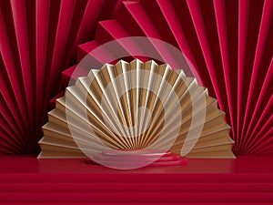 3d render. Blank showcase template for product display decorated with folded paper fans chinese style. Abstract red gold festive