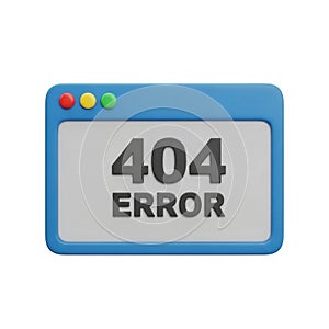 3D render of a blue computer window displaying a 404 error message on a white background