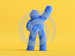 3d render, blue furry cartoon character, shaggy halloween monster, hairy beast. Unknown funny toy isolated on yellow background.