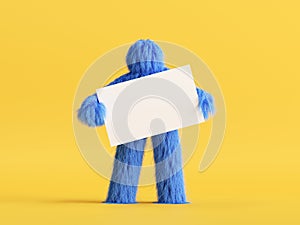 3d render, blue hairy cartoon character, funny furry toy holds white card mockup isolated on yellow background.