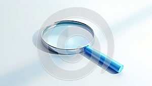 3D render of blue magnifying glass on clean white background. Tool for investigation, research, discovery, analysis, observation.