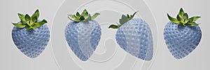 3D render blue strawberries with green leaves isolated on white background. Set of blue strawberry on white. Collection Side views