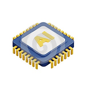 3D Render of a Blue and Yellow AI Microchip with AI Text artificial intelligence processor