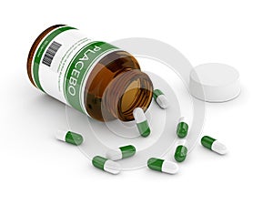 3D render of bottle with placebo pills over white photo