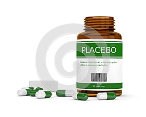 3D render of bottle with placebo pills over white