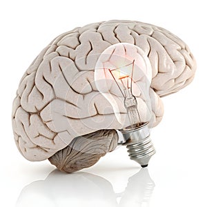 Brain with bulb icon 3D render isolated on white background