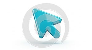 A 3D render of a bright blue computer cursor arrow on a white background. The