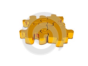 3d render of business connection. Connected gold puzzle pieces