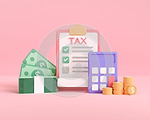 3d render business tax paper and calculating income. tax payment online concept. 3d rendering illustration minimal design.