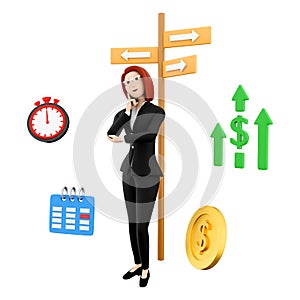 3d render business woman. 3d rendering paying according to the time. 3d render stastic on white background