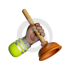 3d render, cartoon african human hand with dark skin holds plunger. Professional plumber, construction worker. Toilet cleaning