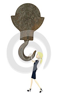 Cartoon businesswoman on a big hook