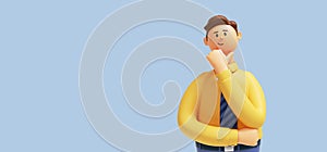 3d render. Cartoon character cute young man isolated on blue background. Serious guy thinking pose. Caucasian male wears yellow