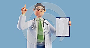 3d render, cartoon character doctor wears glasses shows finger up holds blank clipboard. Medical clip art isolated on blue