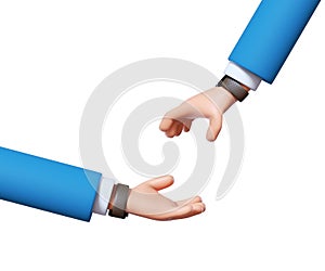 3d render, cartoon character man begging hand, give and take concept, business clip art isolated on white background.