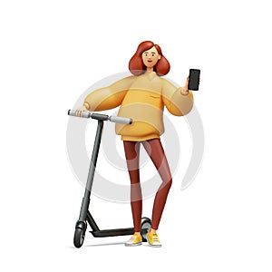 3d render, cartoon character redhead young woman with smartphone and rental electric scooter. Smart phone sharing app. Modern