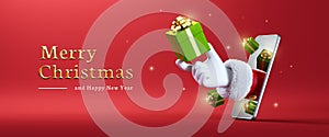 3d render. Cartoon character Santa Claus hand holds green gift box, sticking out the smartphone screen. Merry Christmas banner