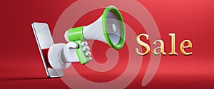 3d render. Cartoon character Santa Claus hand holds megaphone loud speaker, sticking out the mobile phone screen. Christmas sale