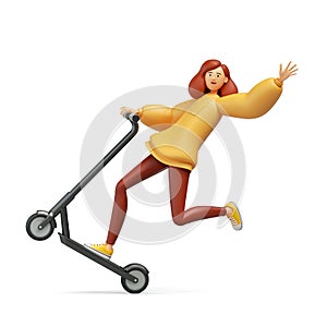 3d render, cartoon character young redhead woman wears yellow hoodie and red trousers, rides electric scooter, makes extreme