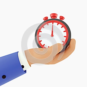 3d render Cartoon hand holding a timer on an isolated background. 3d illustration. Hand hold timer on white background