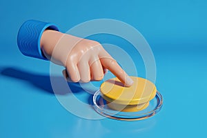 3D Render of a Cartoon Hand Pressing a Yellow Button on a Blue Background