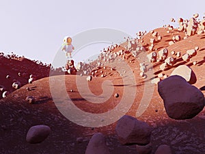 3d render of cartoon white astronaut flying at red planet with stones, low gravity. Interstellar travels, space