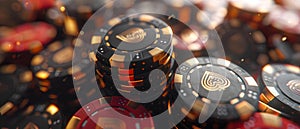 D Render of Casino Chips Featuring Black and Red Ace Symbols in Gold. Concept Casino Chips, 3D