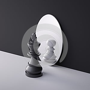 3d render, chess game king piece stands in front of the round mirror with pawn reflection. Contradiction metaphor. Perceptual photo