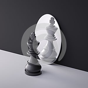 3d render, chess game king piece stands in front of the round mirror. Perceptual distortion concept. Mental disorder condition.