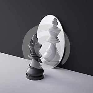 3d render, chess game king piece stands in front of the round mirror. Perceptual distortion concept. Mental disorder condition. photo