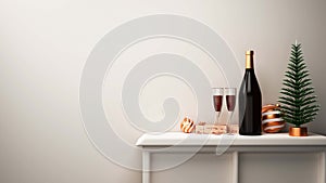 3D Render Of Christmas Or Spruce Tree With Champagne Bottle, Flute Glasses, Baubles, Gift Boxes On Desk Gray