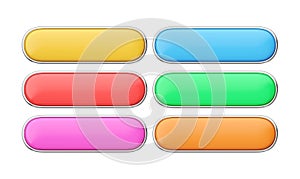 3d render circle button - glossy web element, oval shiny label with chrome and clean click symbol