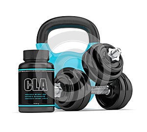 3d render of CLA supplement with kettlebell and dumbbells photo