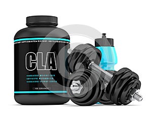 3d render of CLA supplement with shaker and dumbbells photo