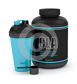 3d render of CLA supplement with shaker and spoon photo