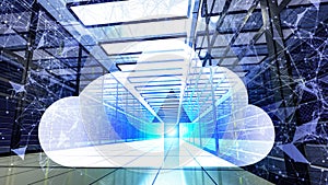 3d render Cloud computing database network security design with neon plexus ton and cloud icon. of abstract dots and lines