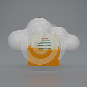 3D render Cloud storage with folder text document icon isolate on gray background. Folder Document cloud download or upload. Cloud