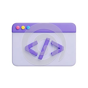 Coding icon with angle brackets inside a browser window, isolated on white background