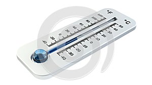 3D render cold white thermometer indicating low temperature