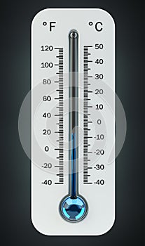 3D render cold white thermometer indicating low temperature
