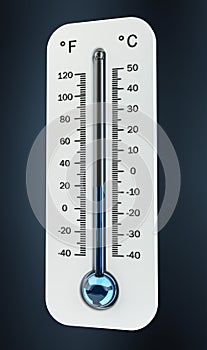 3D render cold white thermometer indicating low temperature