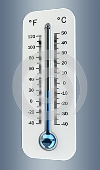 3D render cold white thermometer indicating low temperature