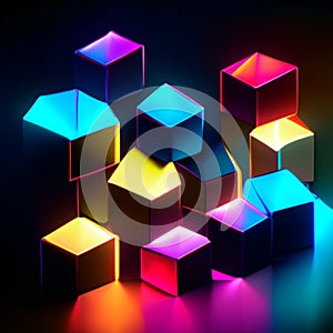 3d render of colorful cubes in neon light. Abstract geometric background. Generative AI