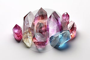 3d render, colorful spiritual crystals isolated on white background, reiki healing minerals, rough nuggets, Generative AI.