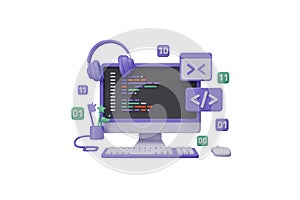 3d render of computer with code headphones keyboard mouse and binary numbers transparent background