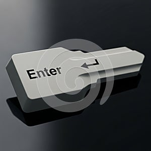3D Render of a Computer Keyboard Enter Key with Arrow Symbol on a Dark Reflective Surface