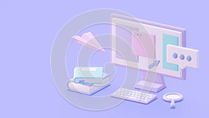 3d render of computer and keyboard in workplace. Isometric LCD monitor with open pages of website in pastel colors